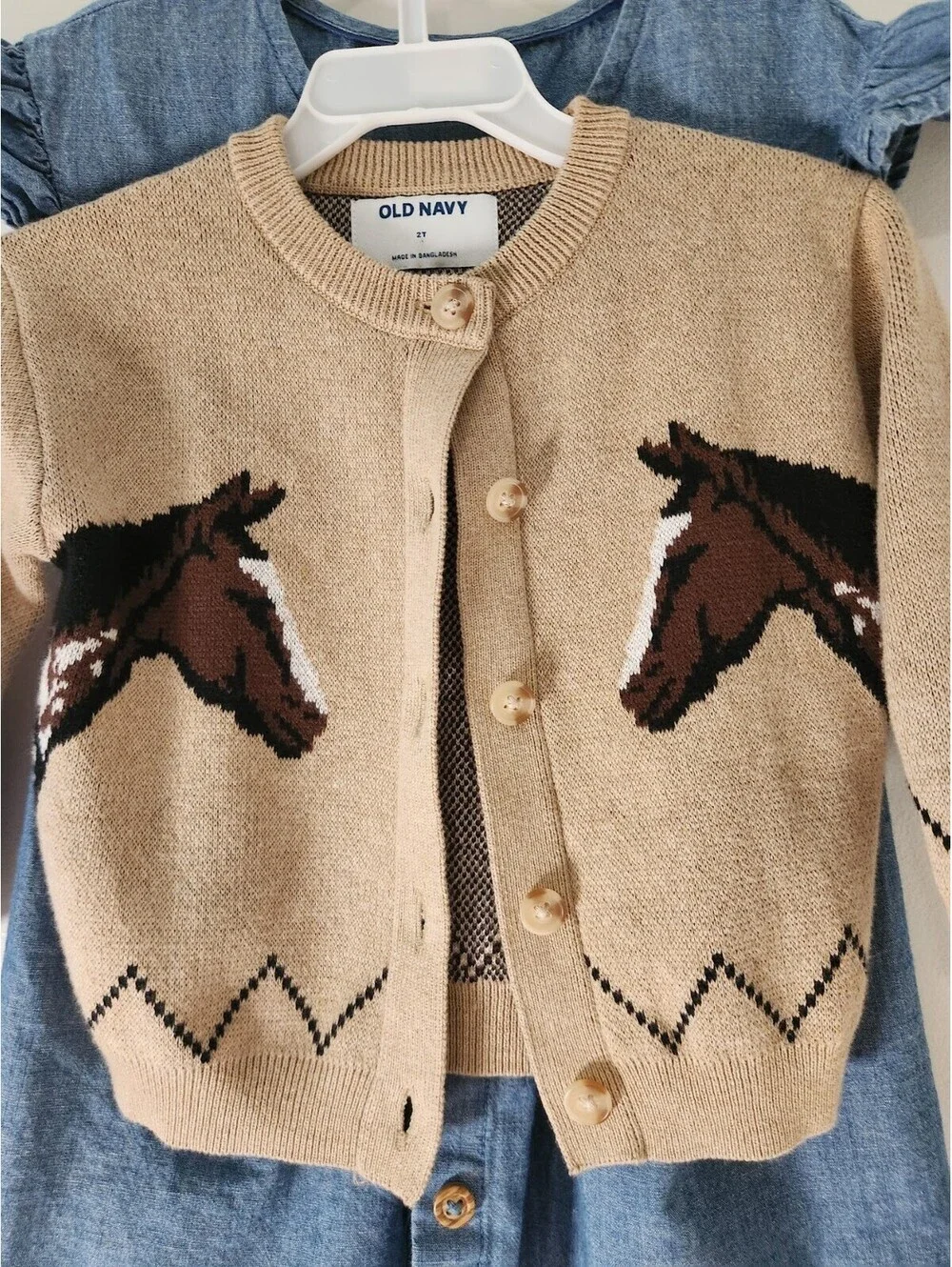Old Navy Girls 2T Tan Cardigan Sweater Knit Equestrian Horse Pony & Denim Dress
